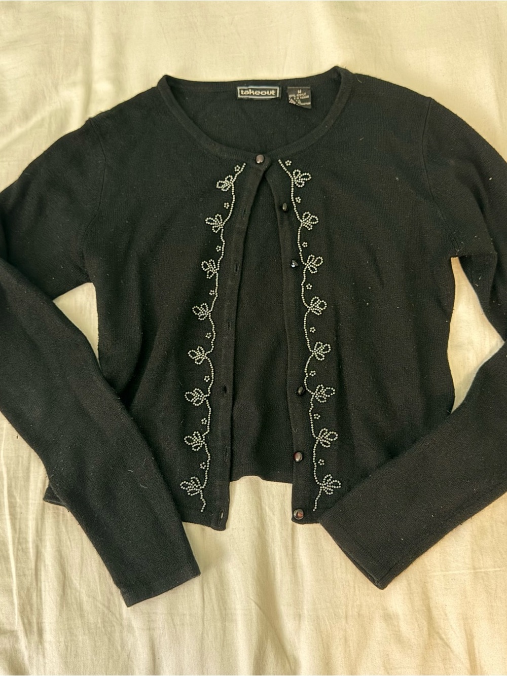 Takeout Black Cardigan with Vine Bead Embroidery